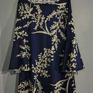 Miss Day Navy Botanical Print Dress L Made in USA Vintage Inspired Bell Sleeve